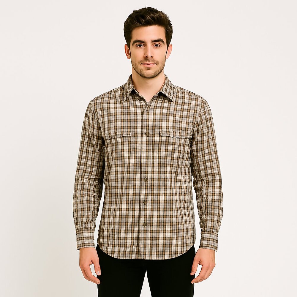 Eddie Bauer Men's Classic  Button Down Shirt Sz LT West Coast Brown Plaid Cotton